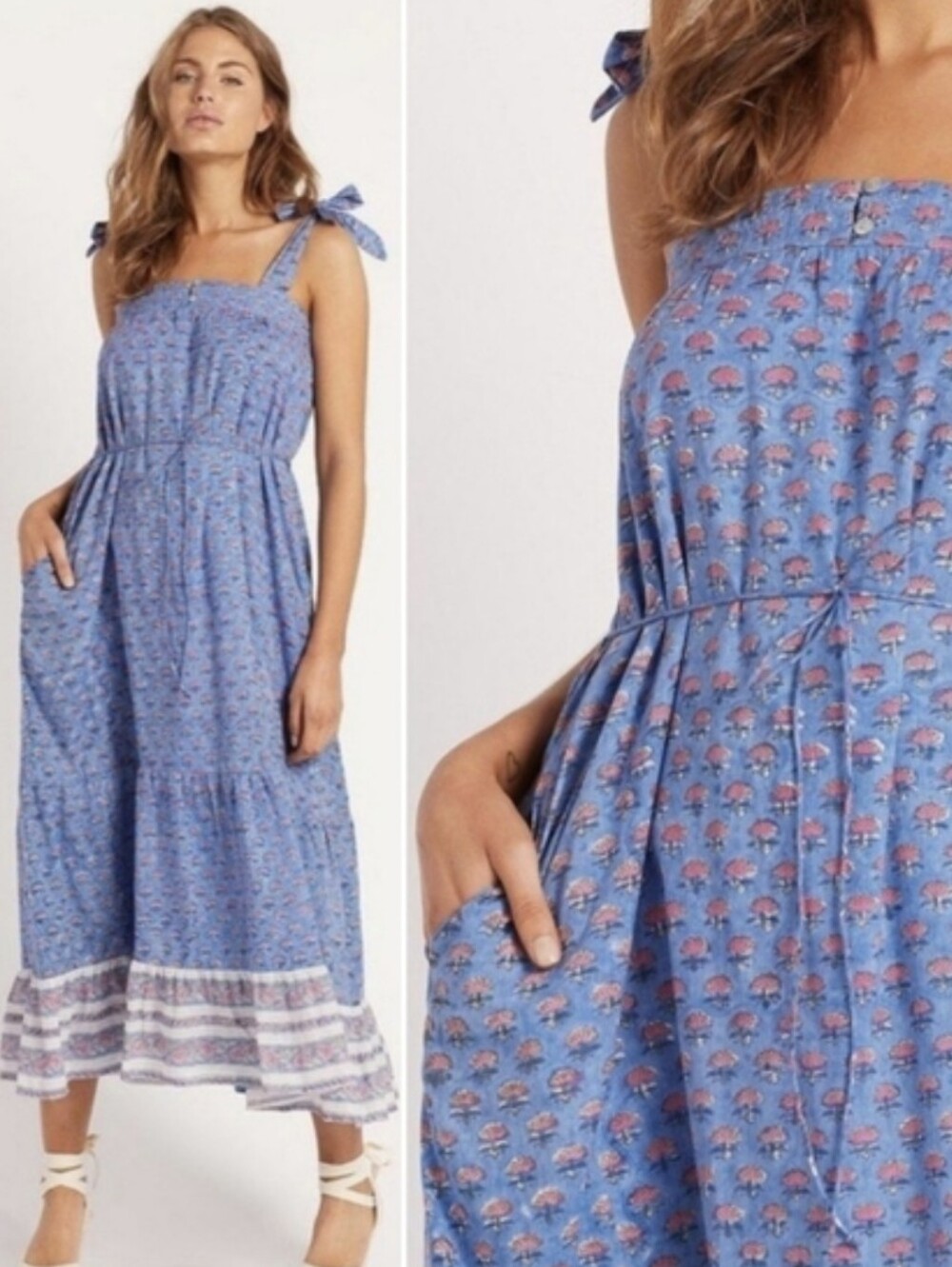 Cleobella India Lotus Sleeveless Tie Straps Tie Waist Lined Cotton Midi Dress XS